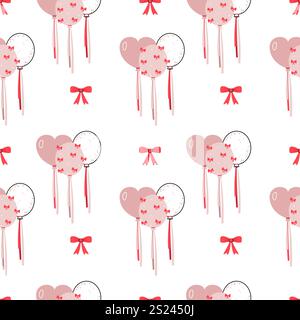 Motivo con archi rossi e palloncini alla moda su sfondo bianco. San Valentino. Illustrazione Vettoriale