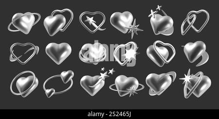 Cuore 3D. Icone in metallo Y2K cromate. Simboli d'amore d'argento con stelle metalliche. Orbita galassica. Fiamma olografica e forme del pianeta. Adesivi olografici femminili. Illustrazione Vettoriale