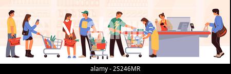 Gente al supermercato. Coda di memorizzazione. Negozio di alimentari. Acquirenti con carrelli o cesti. I clienti acquistano prodotti. Cassiere in attesa. Controllare Illustrazione Vettoriale