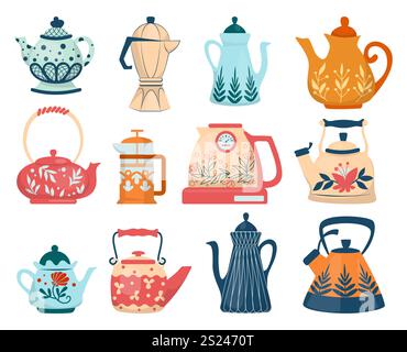 Bollitori. Comode teiere colorate. Cucina moderna con decorazioni botaniche. Utensili per tè e caffè caldi. Cucina in ceramica e porcellana Illustrazione Vettoriale