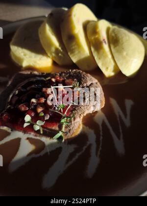 Gnocchi in salsa di panna con lombo di manzo (svickova na smetane tradizionale del cibo ceco), salsa di mirtilli sul piatto. Foto di alta qualità Foto Stock