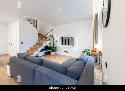 Soggiorno contemporaneo con pavimenti in legno duro, arredi eleganti, completato dalla luce naturale dalle grandi finestre. Ideale per design, interni e. Foto Stock