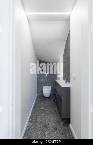 Bagno elegante con servizi moderni, eleganti piastrelle grigie e un tema bianco minimalista che incarna gli ideali del design contemporaneo degli interni in un ambiente accogliente Foto Stock