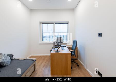 Un ufficio pulito e moderno con un'elegante scrivania, sedia ergonomica e un comodo divano con cuscini, oltre a una vista da un ampio wi-fi Foto Stock