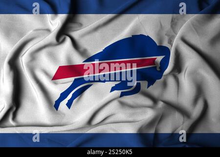 Pringsewu, Lampung; 5 gennaio 2025; texture di una bandiera ondulata con il logo della squadra di football americano Buffalo Bills, Stati Uniti. 3D. Foto Stock