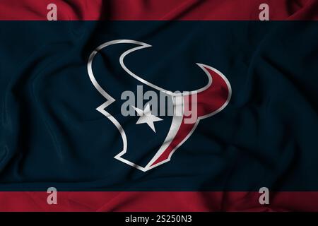 Pringsewu, Lampung; 5 gennaio 2025; texture di una bandiera ondulata con il logo della squadra di football americano della NFL Houston Texans, Stati Uniti. 3D. Foto Stock