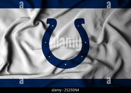 Pringsewu, Lampung; 5 gennaio 2025; texture di una bandiera ondulata con il logo della squadra di football americano della NFL Indianapolis Colts, Stati Uniti. 3D. Foto Stock