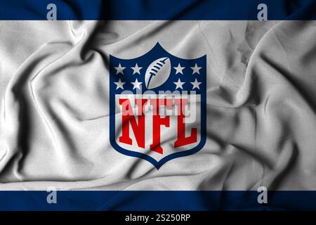 Pringsewu, Lampung; 5 gennaio 2025; texture di una bandiera ondulata con il logo della NFL American football, Stati Uniti. Illustrazione 3D. Foto Stock