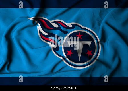 Pringsewu, Lampung; 5 gennaio 2025; texture di una bandiera ondulata con il logo della squadra di football americano Tennessee Titans, Stati Uniti. 3D. Foto Stock