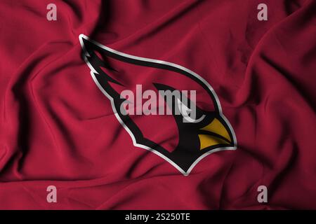 Pringsewu, Lampung; 5 gennaio 2025; texture di una bandiera ondulata con il logo della squadra di football americano Arizona Cardinals, Stati Uniti. 3D. Foto Stock