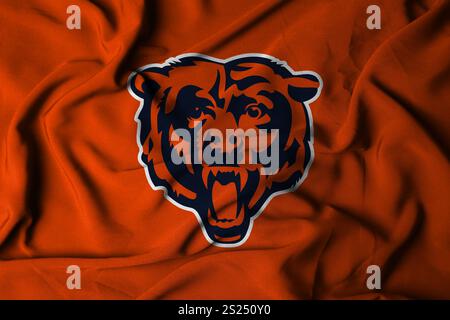 Pringsewu, Lampung; 5 gennaio 2025; texture di una bandiera ondulata con il logo della squadra di football americano della NFL Chicago Bears, Stati Uniti. 3D. Foto Stock