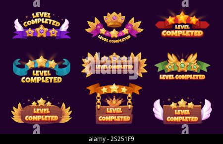 Livello di gioco completato. Mappa di gioco completata o vittoria vittoria vittoria conquista badge ui, stelle a bordo o livelli del nastro punteggio interfaccia pulsante barra dei vincitori cartone animato illustrazione vettoriale originale Illustrazione Vettoriale