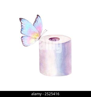 Rotolo di carta igienica acquerello e farfalla isolato su sfondo bianco. Illustrazione disegnata a mano con acquerello. Simbolo, segno di pulizia e igiene. Foto Stock