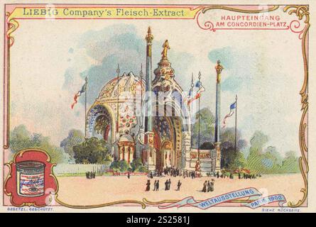 Serie di immagini esposizione universale 1900, Parigi, Francia, ingresso principale a Concordienplatz, Liebigbild, riproduzione digitalmente restaurata di un quadro da collezione risalente al 1900 circa, pubblico dominio, data esatta sconosciuta, ingresso alla mostra di Parigi con architettura artistica, Bilderserie Weltausstellung 1900, Frankreich, Haupteingan am Concordienplatz, restaurierte digitale Reproduktion eines Sammelbildes von ca 1900, gemeinfreszunszenenenkung, gemeununununkung, it Foto Stock