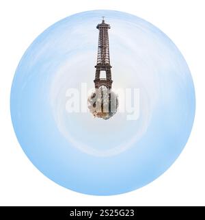 Piccolo pianeta - sferica urbano cityscape di Parigi con grande torre Eiffel isolati su sfondo bianco Foto Stock