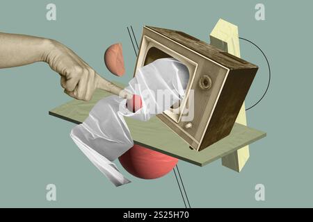 Poster fotografico creativo, grafica di tendenza, collage immagine di mani, punto rotto, dispositivo televisivo vecchio stile, trasmissione narrativa di notizie false Foto Stock