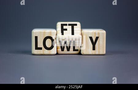 Simbolo alto o basso. Parole concettuali Lofty umile su un blocco di legno. Splendido sfondo grigio del tavolo. Concetto aziendale alto o basso. Copia spazio. Foto Stock