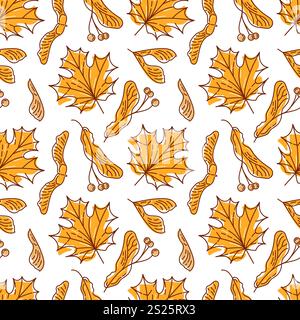 Un'illustrazione vettoriale senza cuciture con divertenti scarabocchi di foglie d'acero e semi. Il design presenta dettagli complessi e linee vivaci, perfette Illustrazione Vettoriale