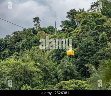 Persona in funivia che attraversa la gola o il burrone, il Santuario de las Cascadas, la foresta nuvolosa di Mindo, l'Ecuador, il Sud America Foto Stock