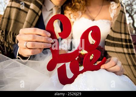 Foto ravvicinata di una giovane sposa e sposo che tiene in mano il cartello Love Foto Stock