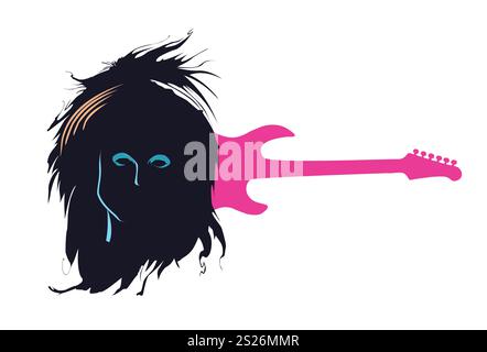 T-shirt con silhouette rocker accanto a una chitarra elettrica rosa su sfondo bianco. Poster glam rock| Illustrazione Vettoriale