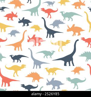 Motivo illustrato senza cuciture con dinosauro colorato preistorico su sfondo bianco Illustrazione Vettoriale