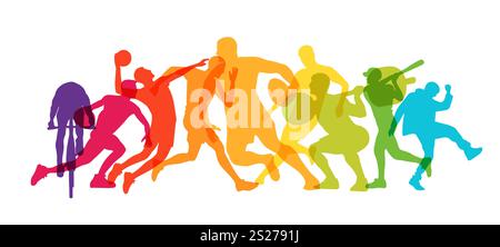 Colorato concetto di silhouette sportive atleta. Gara di ciclismo, basket, running, calcio. Illustrazione sportiva colorata. Illustrazione Vettoriale