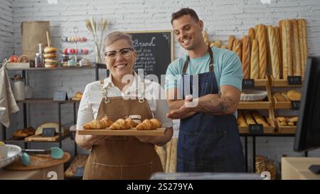 Donna e uomo in posa con orgoglio con croissant freschi in un'accogliente panetteria interna, che espone il loro lavoro come panettiere e partner in un negozio pieno di pane e caffè Foto Stock