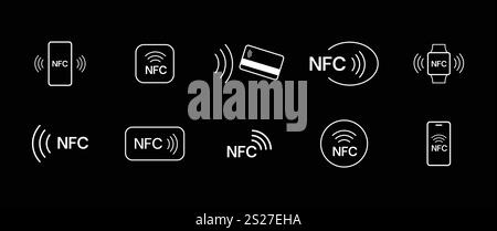 Set di icone di pagamento NFC. Segnale di pagamento wireless senza contatto. Icona della tecnologia NFC. Pagamento nfc con carta di credito. Traccia modificabile. Icona della linea vettoriale. Illustrazione Vettoriale