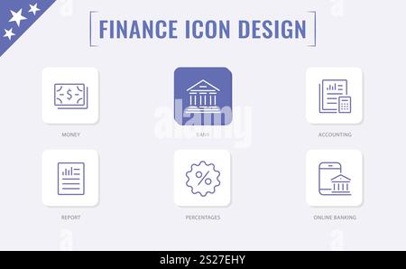 Set di icone finanziarie. Denaro, contanti, banca, assegno, profitto, pagamento, portafoglio. Collezione aziendale. Vettore. Illustrazione Vettoriale