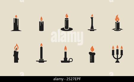 Set di icone vettoriali candele. Candele che infiammano icone piatte. Illustrazione Vettoriale