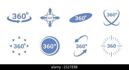 freccia di 360 gradi, ruota intorno all'icona imposta. La vista circolare indica la vista verticale, orizzontale e diagonale con le frecce che ruotano di 360 gradi. Realtà virtuale. R Illustrazione Vettoriale