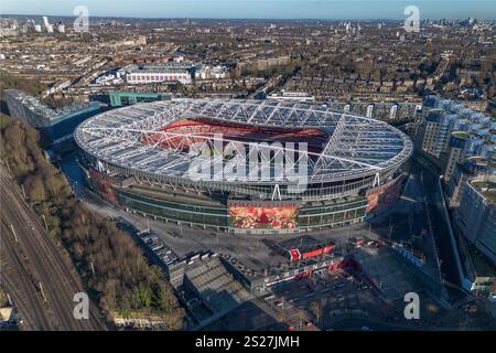 Vista aerea dell'Emirates Stadium, sede della squadra di calcio dell'Arsenal, Holloway, Londra, Regno Unito. Foto Stock