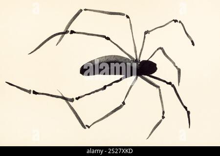 Disegno di formazione in suibokuga sumi-e stile con vernici ad acquerello - spider dipinte di crema su carta colorata Foto Stock