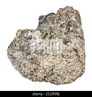 Riprese macro di un campione di roccia minerale naturale - pietra peridotite ruvida con mica Phlogopite isolata su sfondo bianco dalla regione di Kovdor, Kola PE Foto Stock