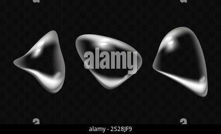 Il liquido trasparente forma il set isolato delle gocce d'acqua. Effetto della rifrazione della luce. Cadute volumetriche realistiche. Design di banner e volantini. Illustrazione vettoriale. Illustrazione Vettoriale