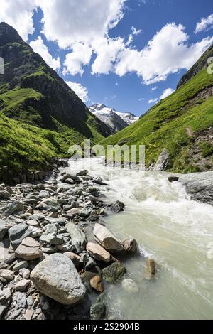 Torrente Isel nella valle Umbaltal, gruppo Venediger, Parco Nazionale degli alti Tauri, Tirolo Orientale, Tirolo, Austria, Europa Foto Stock