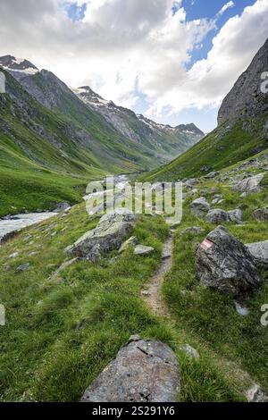 Sentiero escursionistico nella valle Umbaltal con il torrente Isel, le cime glaciali alle spalle, il gruppo Venediger, il Parco Nazionale degli alti Tauri, il Tirolo Orientale Foto Stock