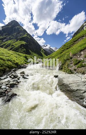 Torrente Isel nella valle Umbaltal, gruppo Venediger, Parco Nazionale degli alti Tauri, Tirolo Orientale, Tirolo, Austria, Europa Foto Stock