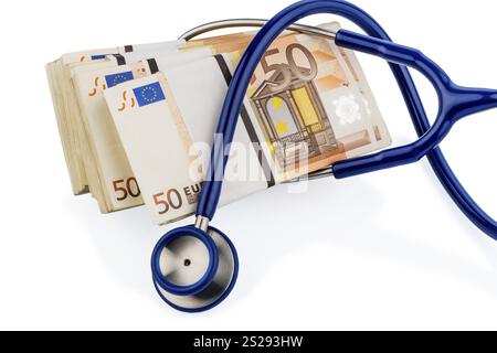 Stetoscopio e banconote in euro, foto simbolica per l'unione monetaria, stabilità e rischi per l'euro Austria Foto Stock