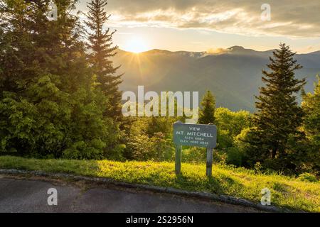 Viaggio in auto sulla Blue Ridge Parkway, sui monti Appalachi del North Carolina. Il monte Mitchell si affaccia durante la stagione estiva al tramonto. Panorama estivo di Foto Stock