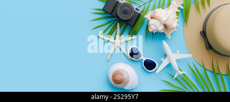 Spiaggia estiva concnepts Flat dispone di sfondi copyspace. rendering 3d. Foto Stock