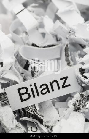 Frammenti di carta con bilancio per parole chiave, foto simboliche per la distruzione dei dati, il bilanciamento e l'analisi economica Foto Stock