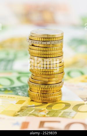 Una pila unica di monete, foto simbolica per la pianificazione finanziaria, gli investimenti finanziari, gli investimenti Austria Foto Stock