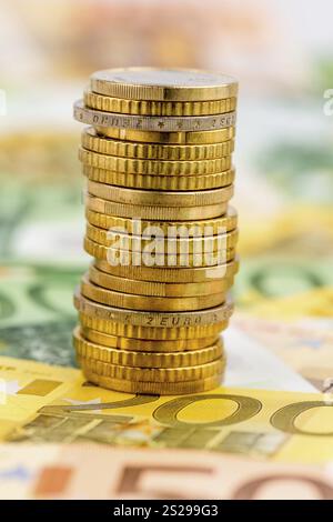 Una pila unica di monete, foto simbolica per pianificazione finanziaria, investimenti, investimenti Foto Stock