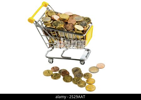 Un carrello della spesa è ben riempito di monete in euro, simboleggiando il potere d'acquisto e il consumo Foto Stock