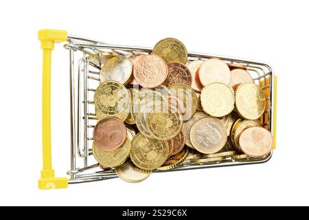 Un carrello della spesa è ben riempito di monete in euro, simboleggiando il potere d'acquisto e il consumo Foto Stock