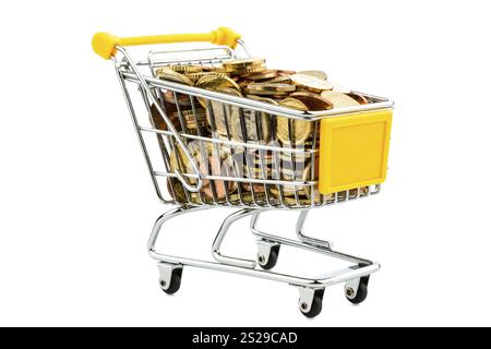 Un carrello della spesa è ben pieno di monete in euro, simboleggiando il potere d'acquisto e il consumo dell'Austria Foto Stock