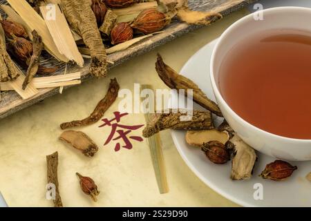 Ingredienti per un tè nella medicina tradizionale cinese. Guarigione di malattie attraverso metodi alternativi Foto Stock