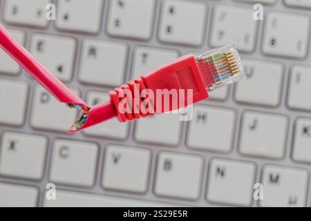 Cavo di rete difettoso sulla tastiera, foto simbolica per online, reti, interferenze e spionaggio Austria Foto Stock